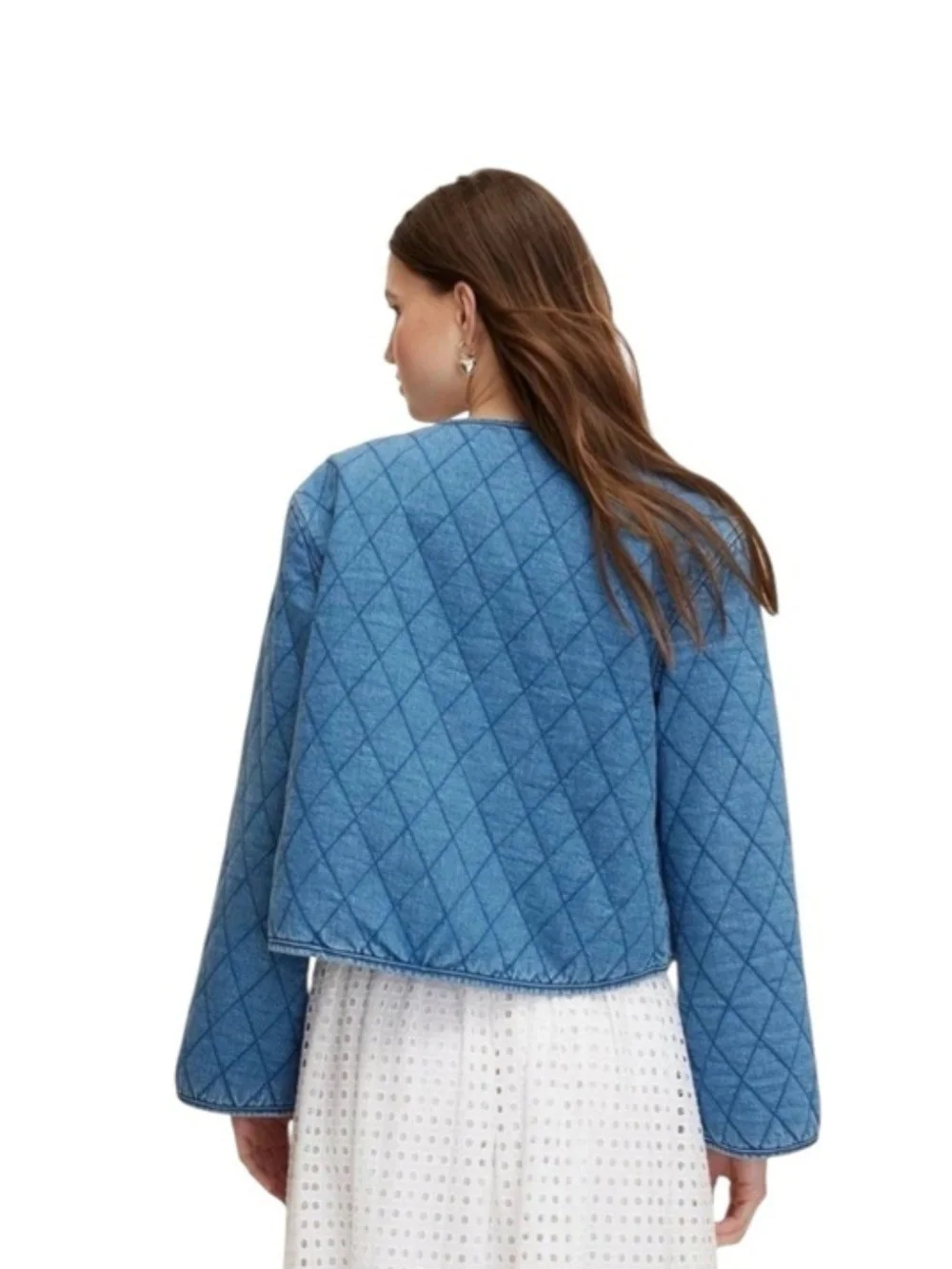 kate spade Quilted Light Blue Crop Denim Jacket W/ Pearl Buttons Size Large NWT